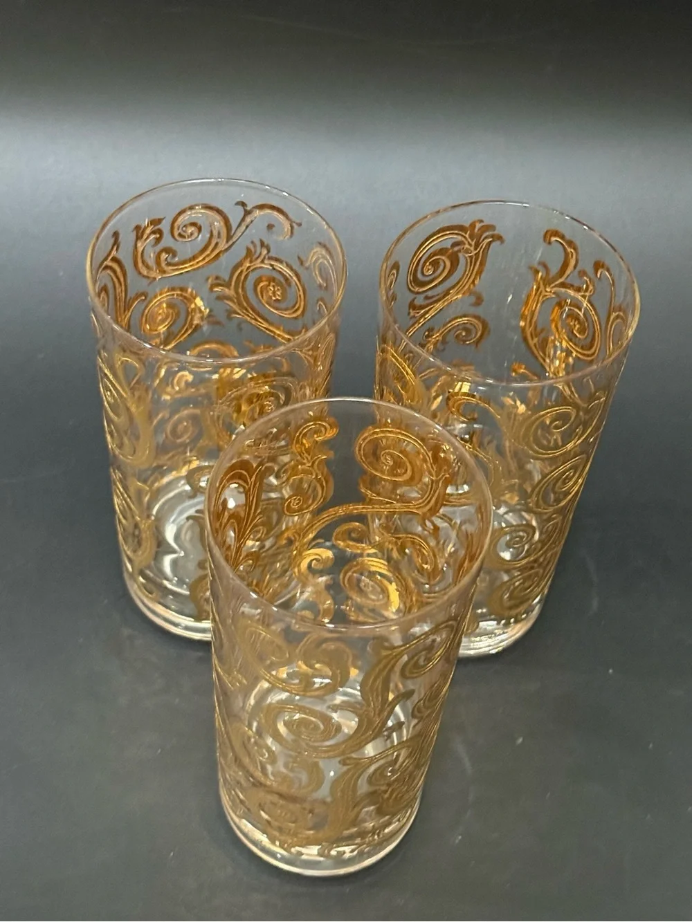 Lot of 3 Vintage MCM Culver Scroll 22k Gold Gilt 5.5” Highball Tumbler Glasses